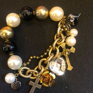 Betsey Johnson Gold Pearl Black Cross bracelet